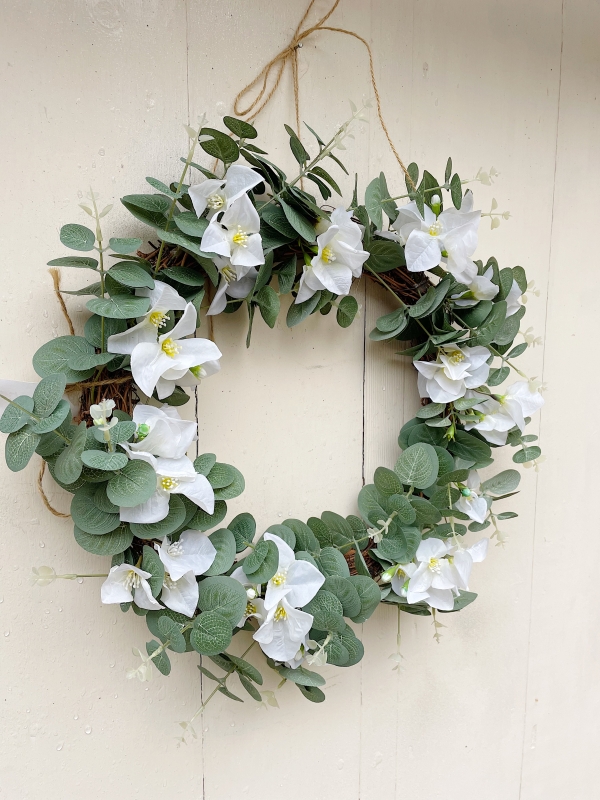 White Flower and Eucalyptus Everlasting Silk Door Wreath 